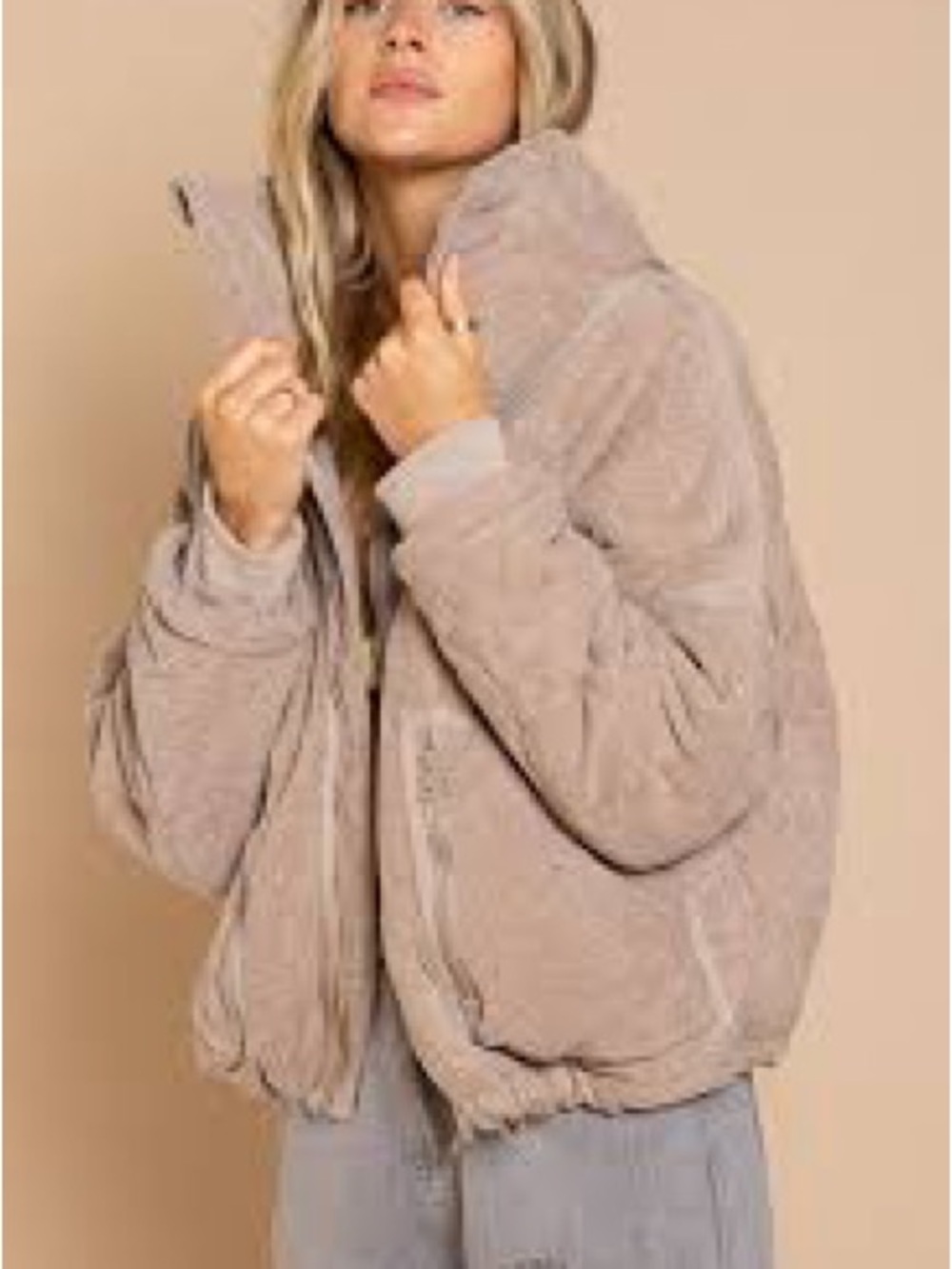 POL Cozy Taupe Plush Puffer Jacket - Women